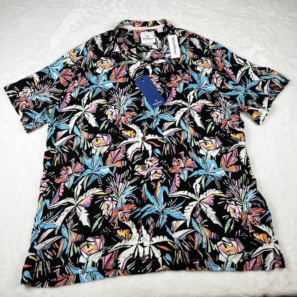 Caribbean Roundtree & Yorke Mens XL Tropical Palm Print Button Up Shirt Black